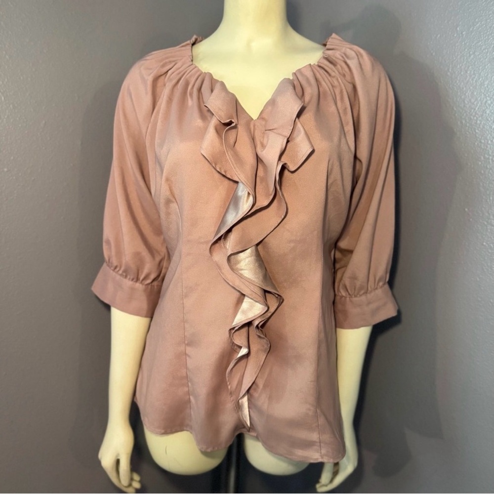 Mikarose Ruffle Front Blouse Tan - Picture 8 of 8